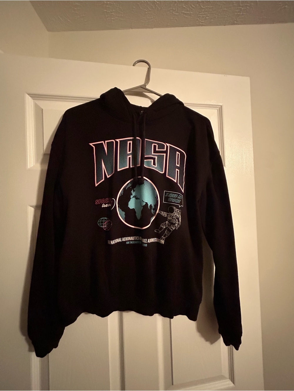 H&M Black NASA Graphic Zip Hoodie with Teal & Pink Accents
